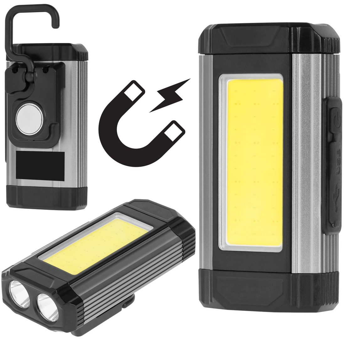 Magnetyczna Lampa Warsztatowa 3w1 IPX6 | Latarka Robocza LED 15W 900lm + 600lm | Powerbank 1800mAh