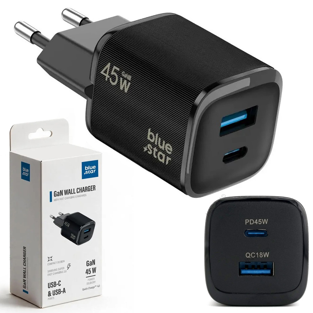 BS | Szybka Ładowarka Sieciowa GaN USB-A USB-C PD QC 4.0 SFC2.0 | 45W | Czarna