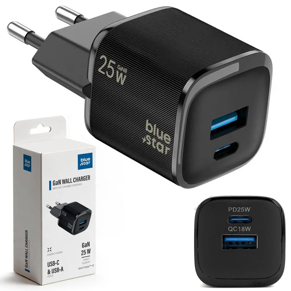 BS | Szybka Ładowarka Sieciowa GaN USB-A USB-C PD QC 4.0 | 25W | Czarna