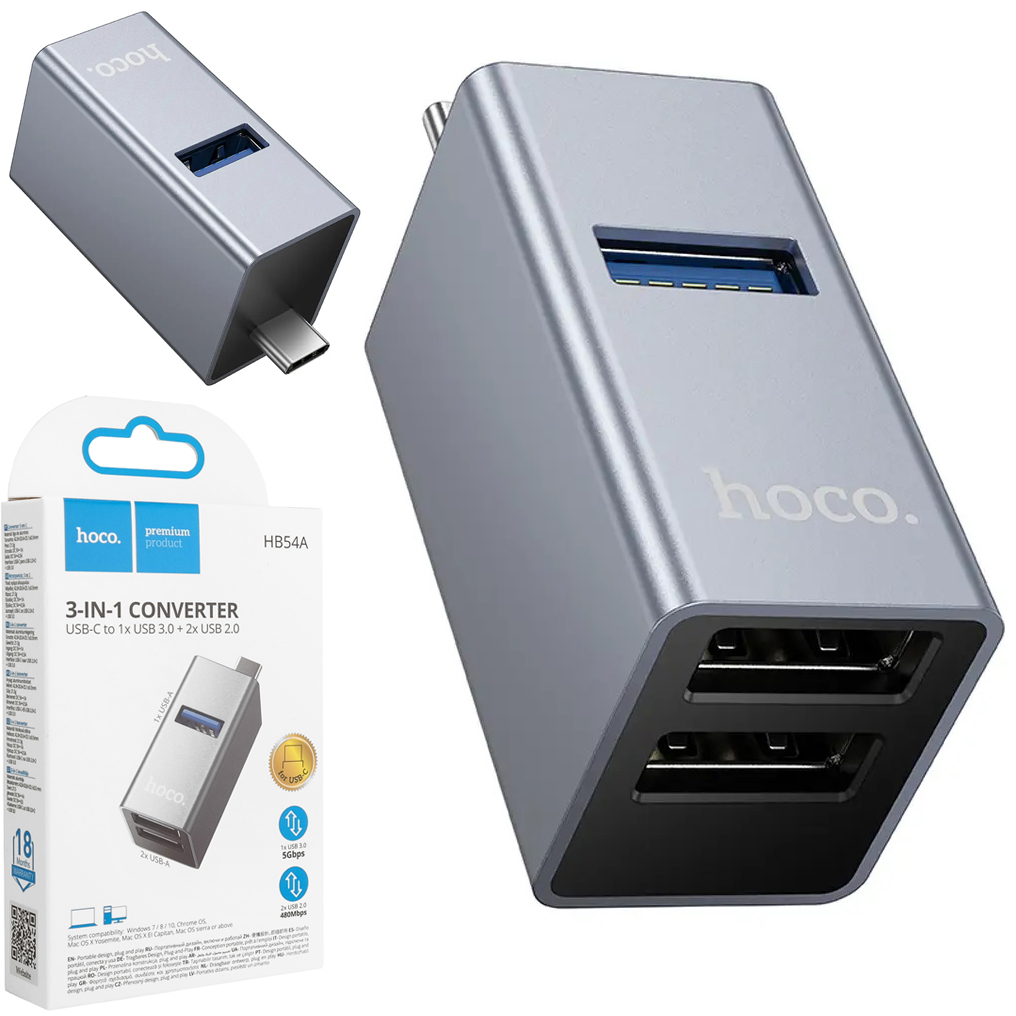 Hoco. | Hub 3w1 USB-C na 2x USB-A 2.0 + USB-A 3.0 | Rozdzielacz Portów
