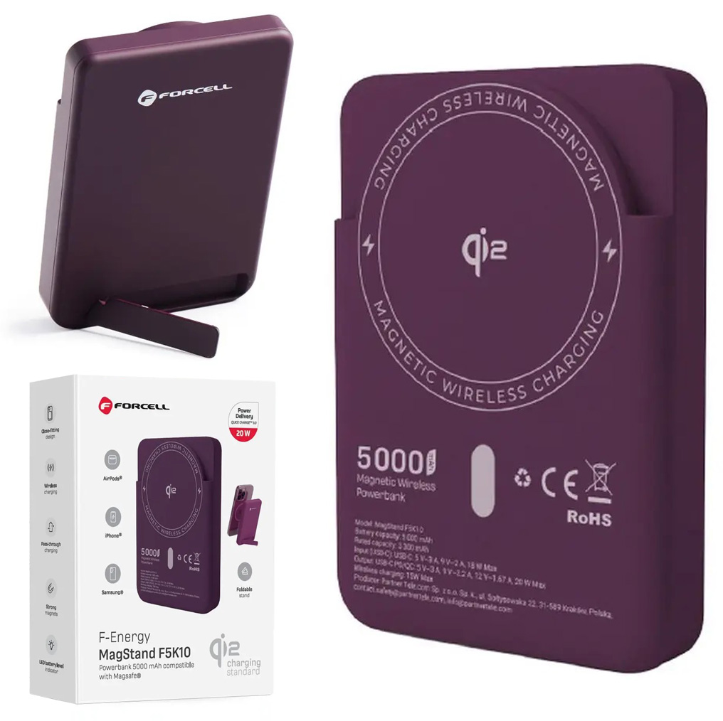 Forcell F5K10 | Magnetyczny Powerbank 20W z MagSafe 15W z Podstawką | QC3.0 PD3.0 | 5000mAh | Burgundy