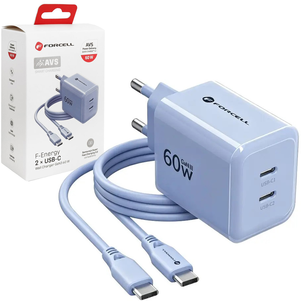 Forcell VT-60 | Szybka Ładowarka Sieciowa 2x USB-C | GaN3 AVS PD QC4+ SFC3.0 | 60W | Błękitna