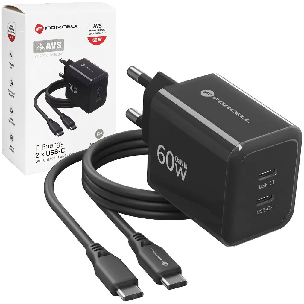Forcell VT-60 | Szybka Ładowarka Sieciowa 2x USB-C | GaN3 AVS PD QC4+ SFC3.0 | 60W | Czarna