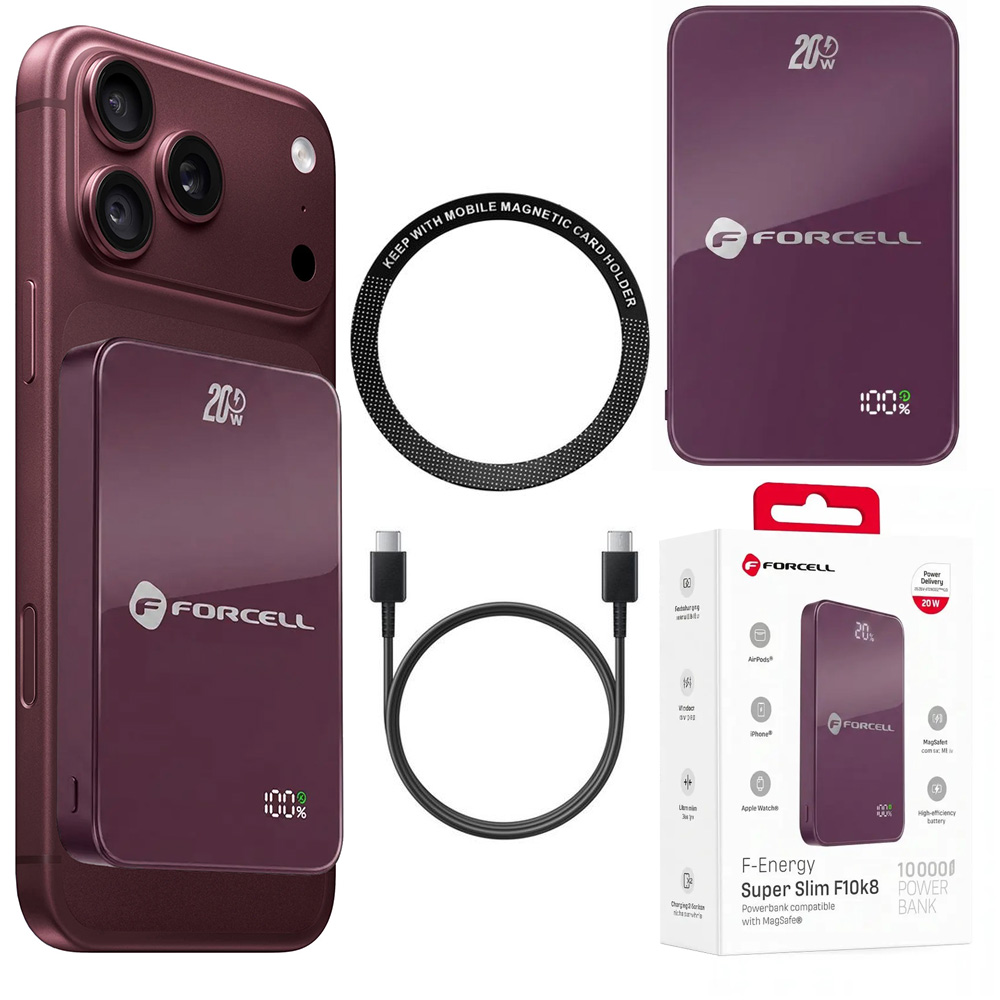 Forcell SuperSlim F10K8 | Magnetyczny Powerbank 20W z MagSafe 15W QC4.0 PD3.0 | 10000mAh | Burgundy