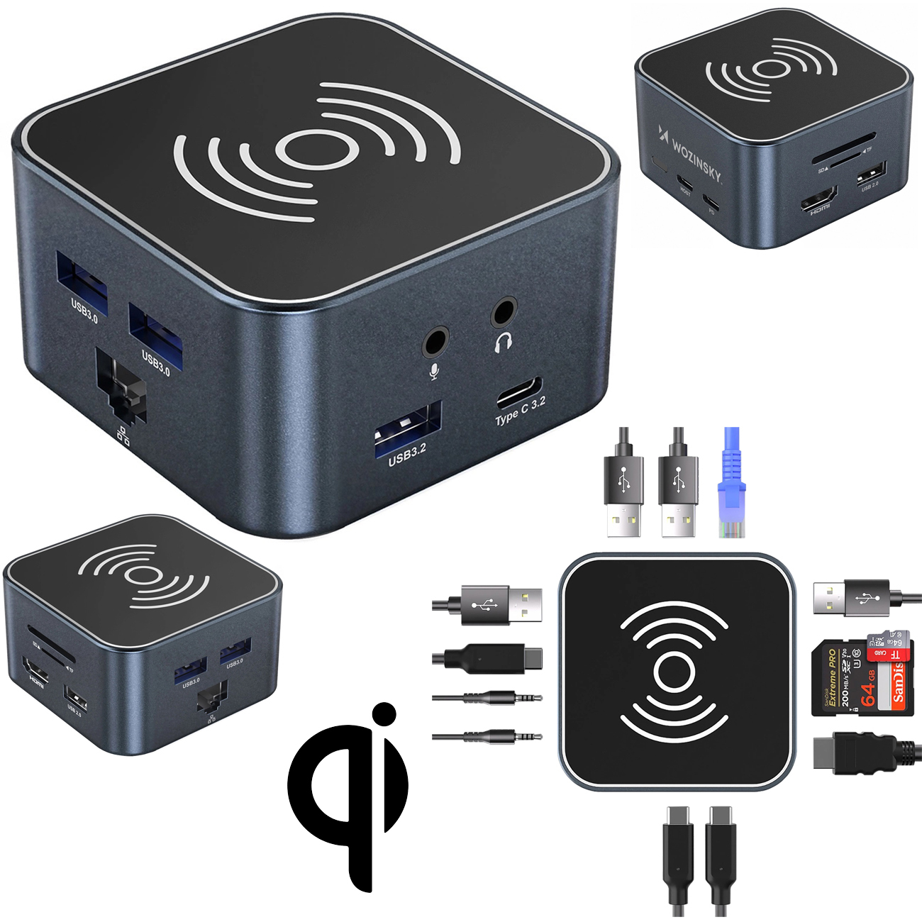 Wozinsky | Stacja Dokująca HUB USB-C 12w1 | HDMI RJ45 4xUSB-A 3xUSB-C SD TF jack 3.5mm Qi 15W