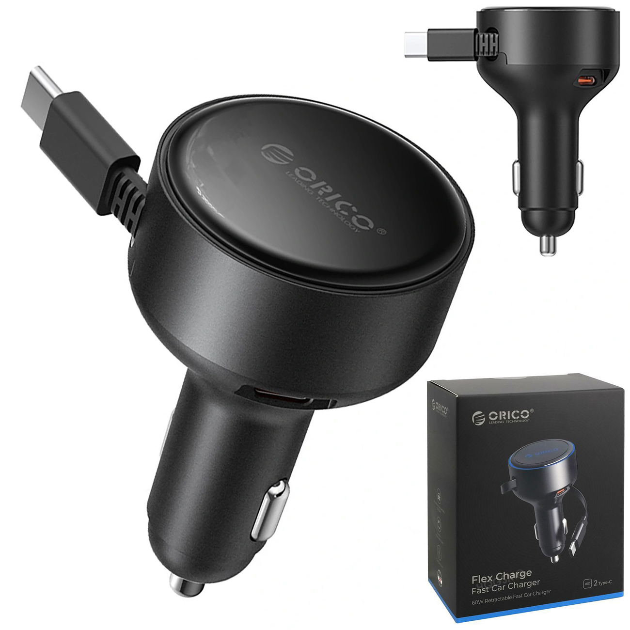 Orico Flex Charge | Ładowarka Samochodowa ze Zwijanym Kablem USB-C + Port USB-C | 60W