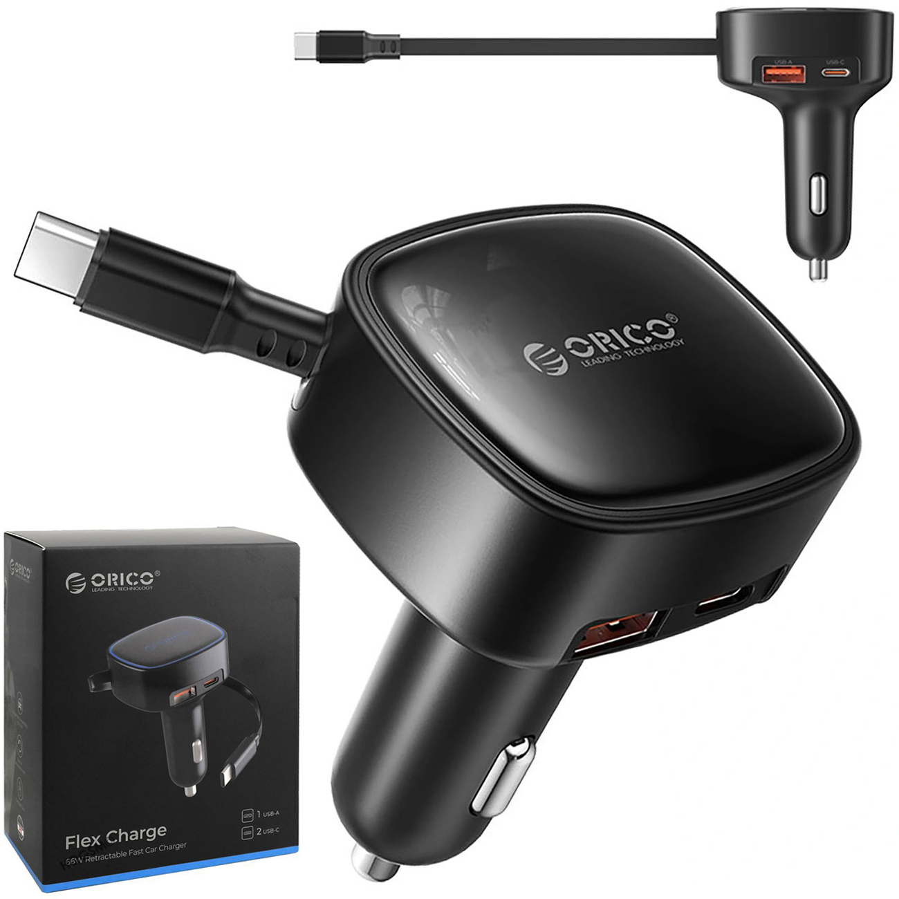Orico Flex Charge | Ładowarka Samochodowa ze Zwijanym Kablem USB-C + Port USB-A i USB-C | 45W