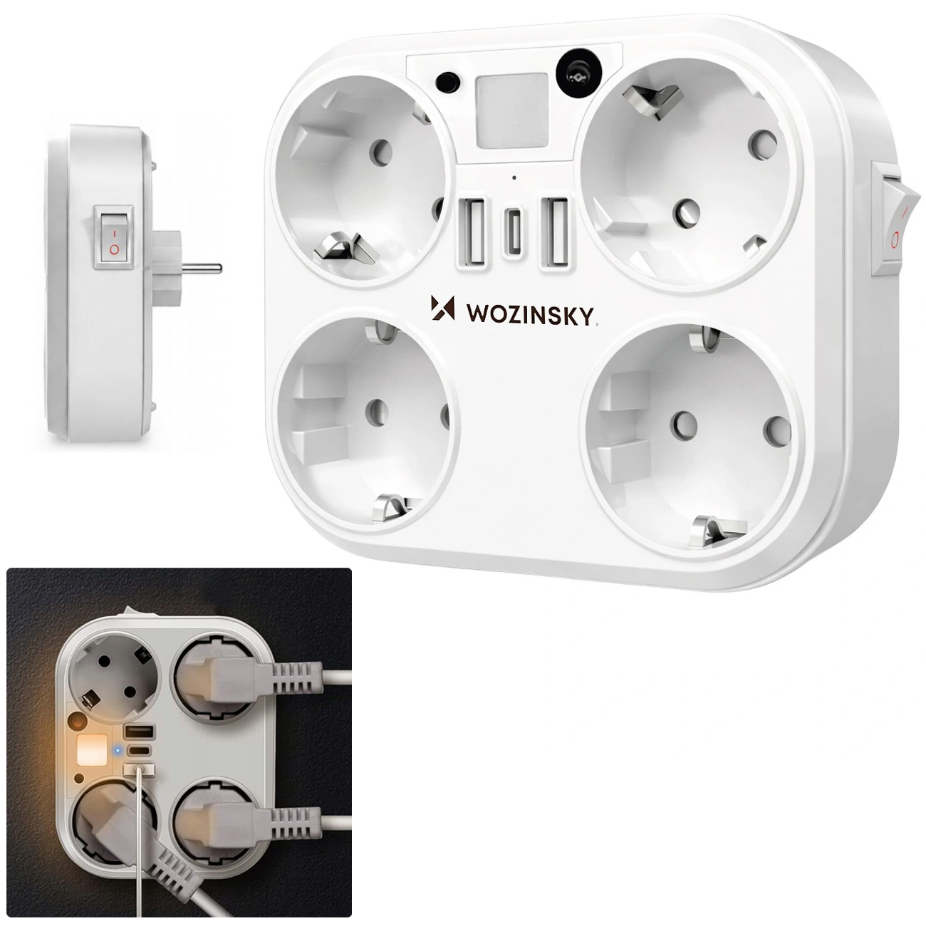 Wozinsky | Rozdzielacz Gniazdka Złodziejka 4x AC Schuko 2x USB-A USB-C | Wyłącznik Lampka