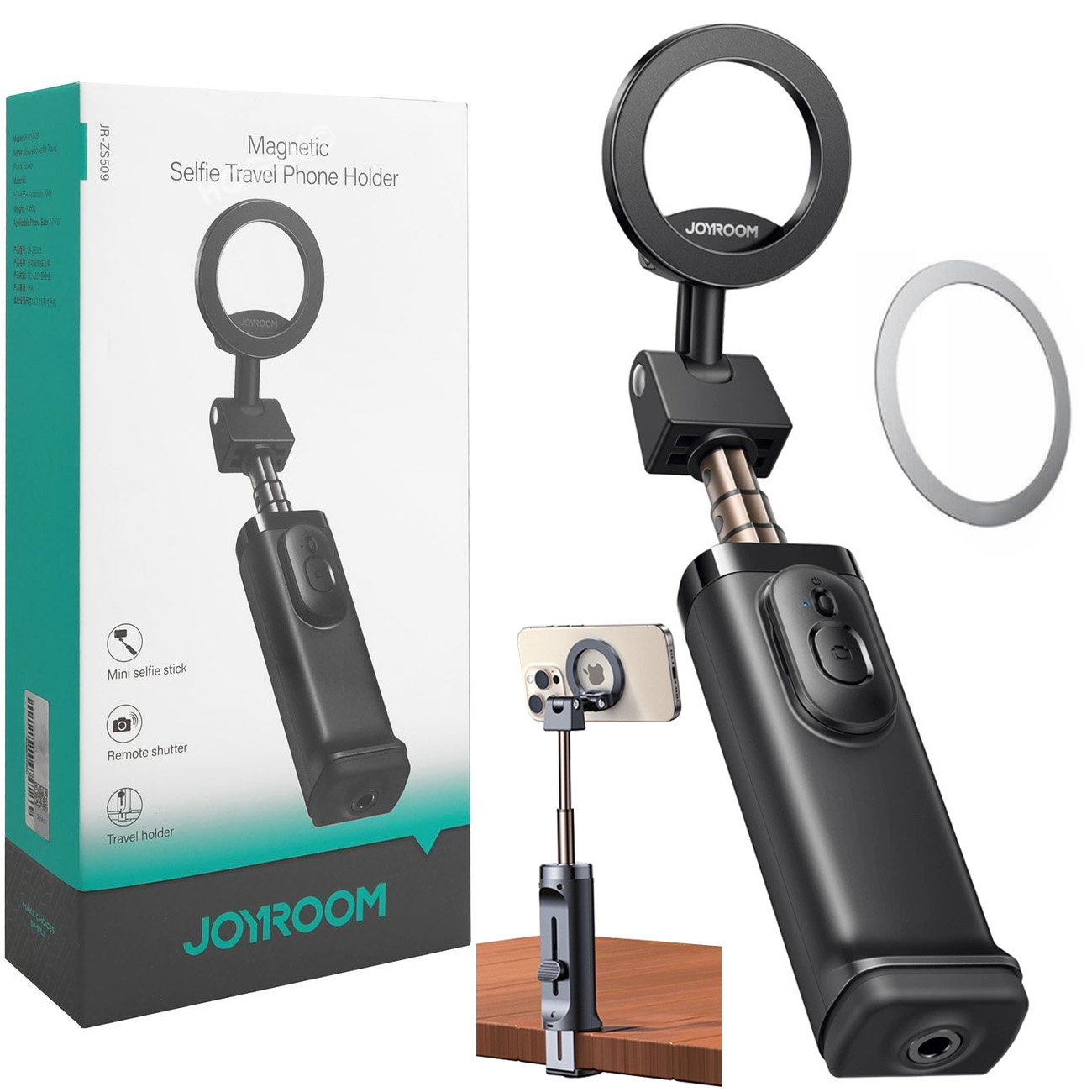 Mini Magnetyczny Selfie Stick Bluetooth 2w1 | Zacisk Uchwyt Stołowy + Pilot | 40cm + Blaszka