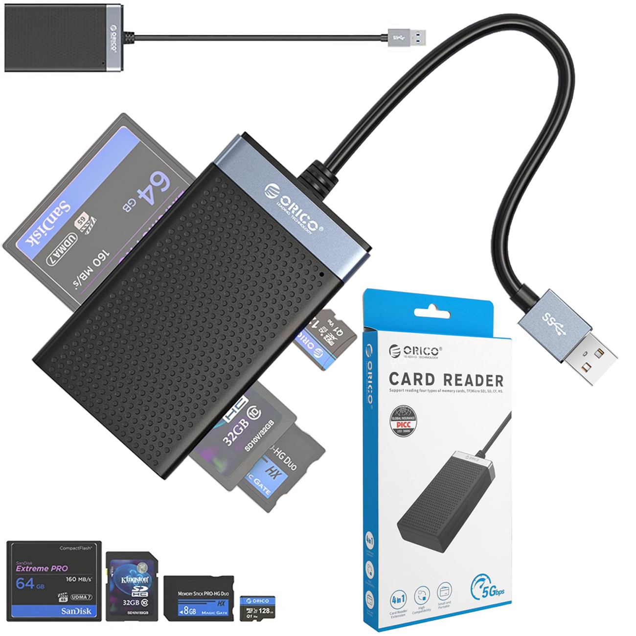 Orico Card Reader | Czytnik Kart SD microSD CF MS 4w1 USB 3.0 | 5Gb/s