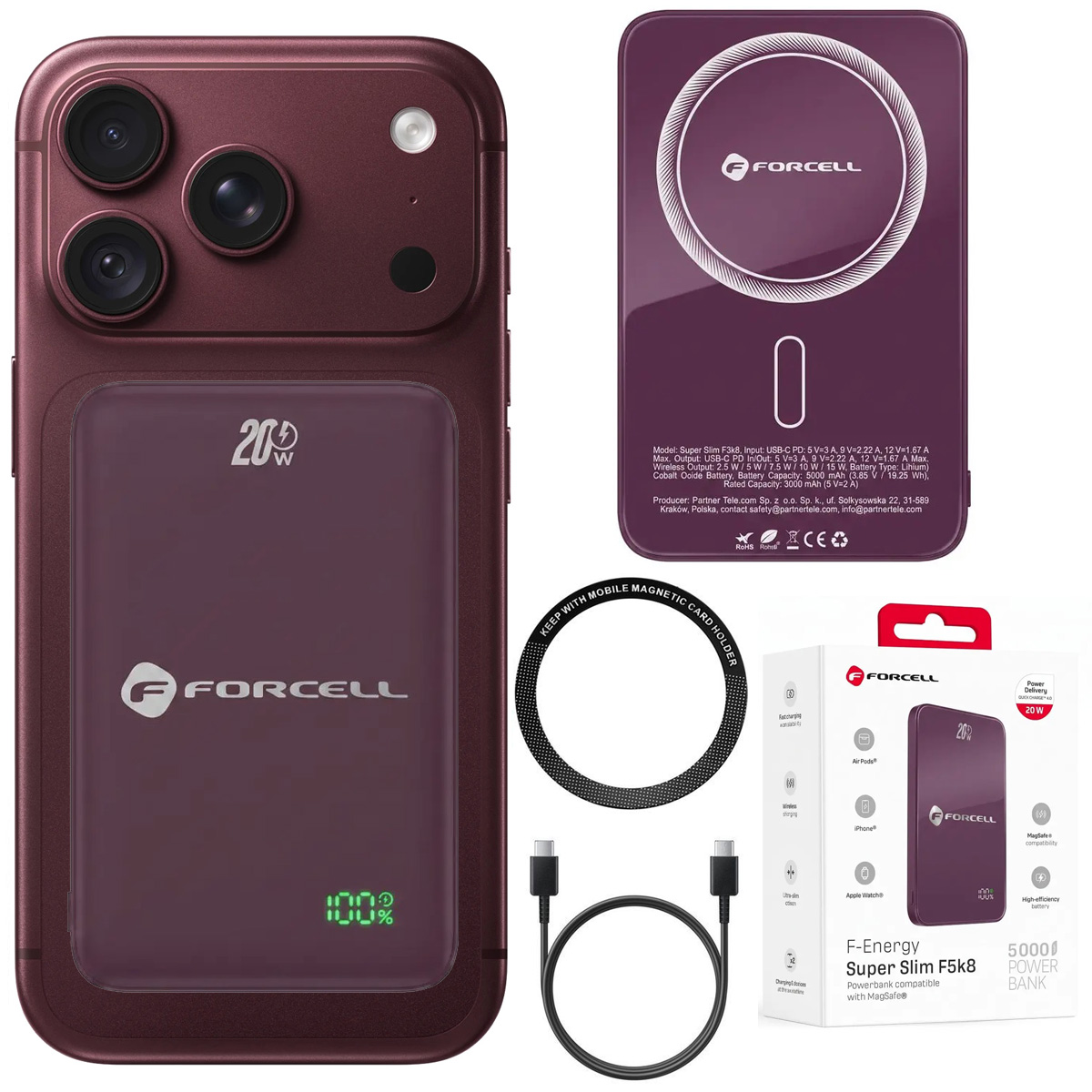 Forcell SuperSlim F5K8 | Magnetyczny Powerbank 20W z MagSafe 15W QC4.0 PD3.0 | 5000mAh | Burgundy