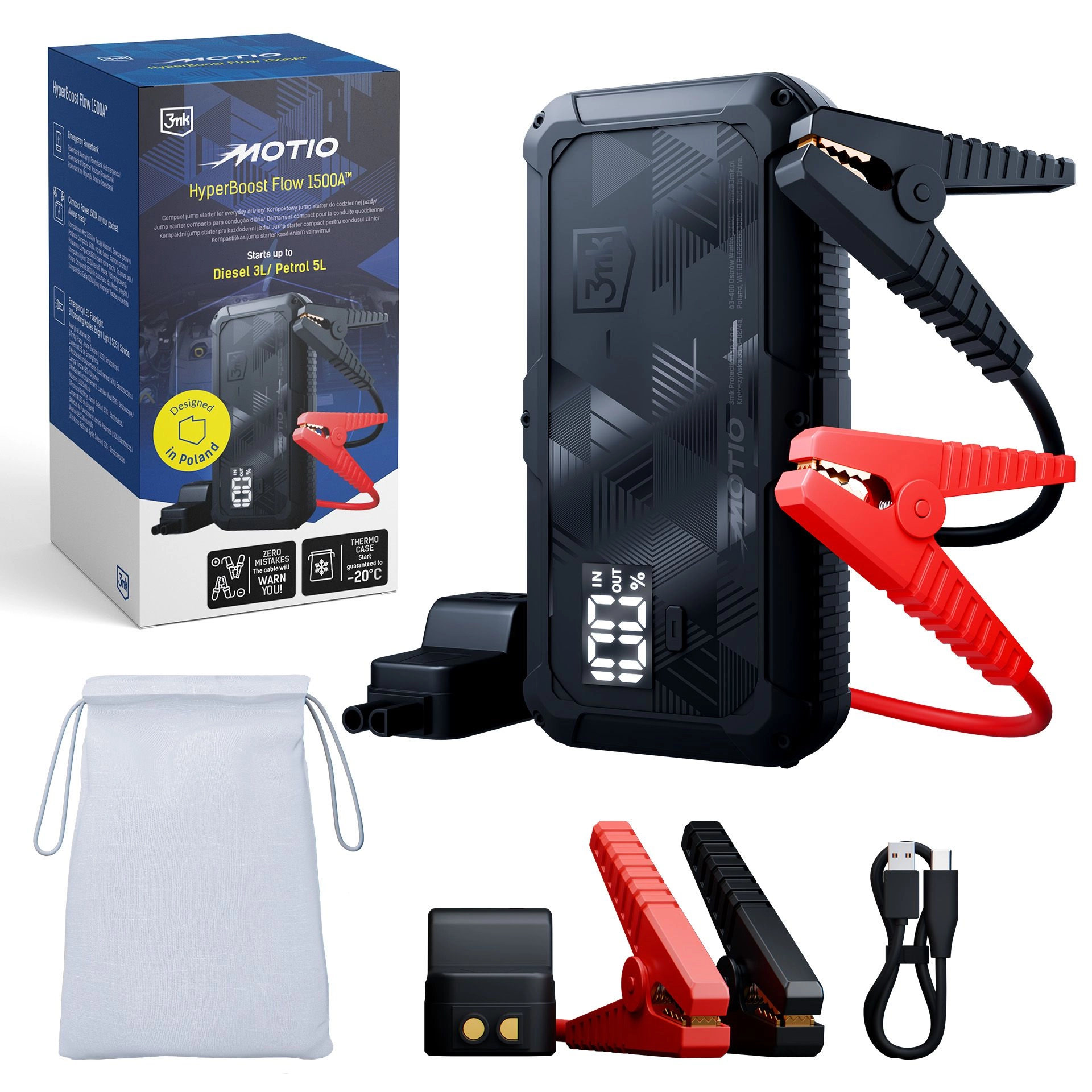 3mk HyperBoost Flow 1500A Jump Starter Booster do Auta Powerbank 10000mAh LED
