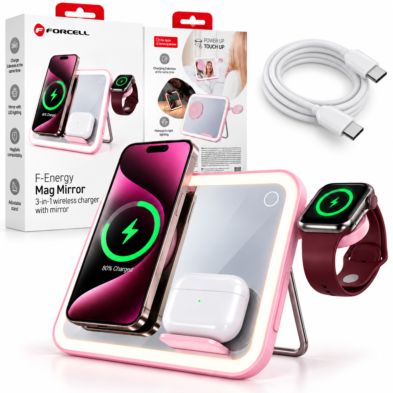 Forcell F-Energy Mag Mirror Ładowarka Indukcyjna 3w1 15W Różowa do Apple iPhone / Apple Watch