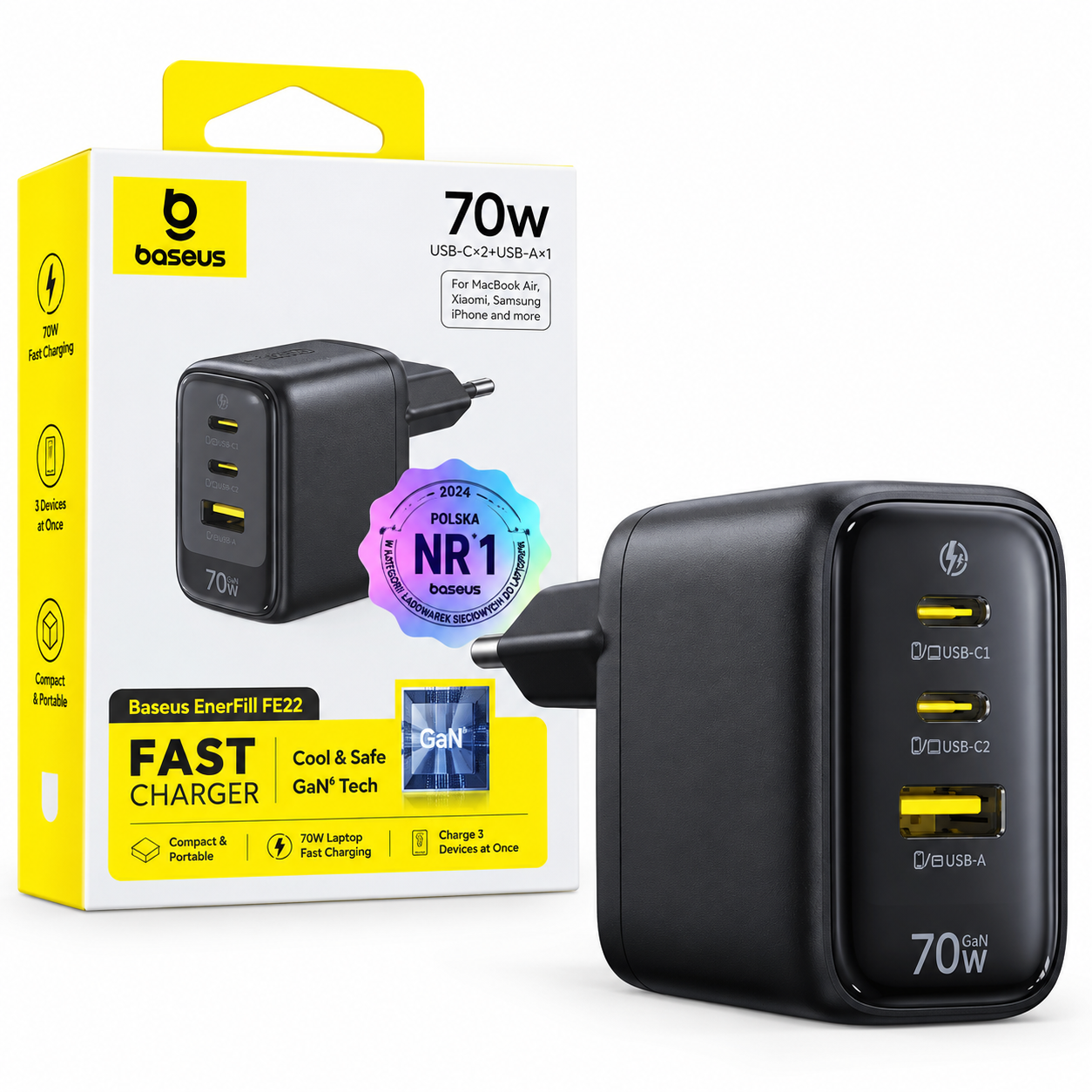 Ładowarka sieciowa trzyportowa Baseus EnerFill 70W czarna