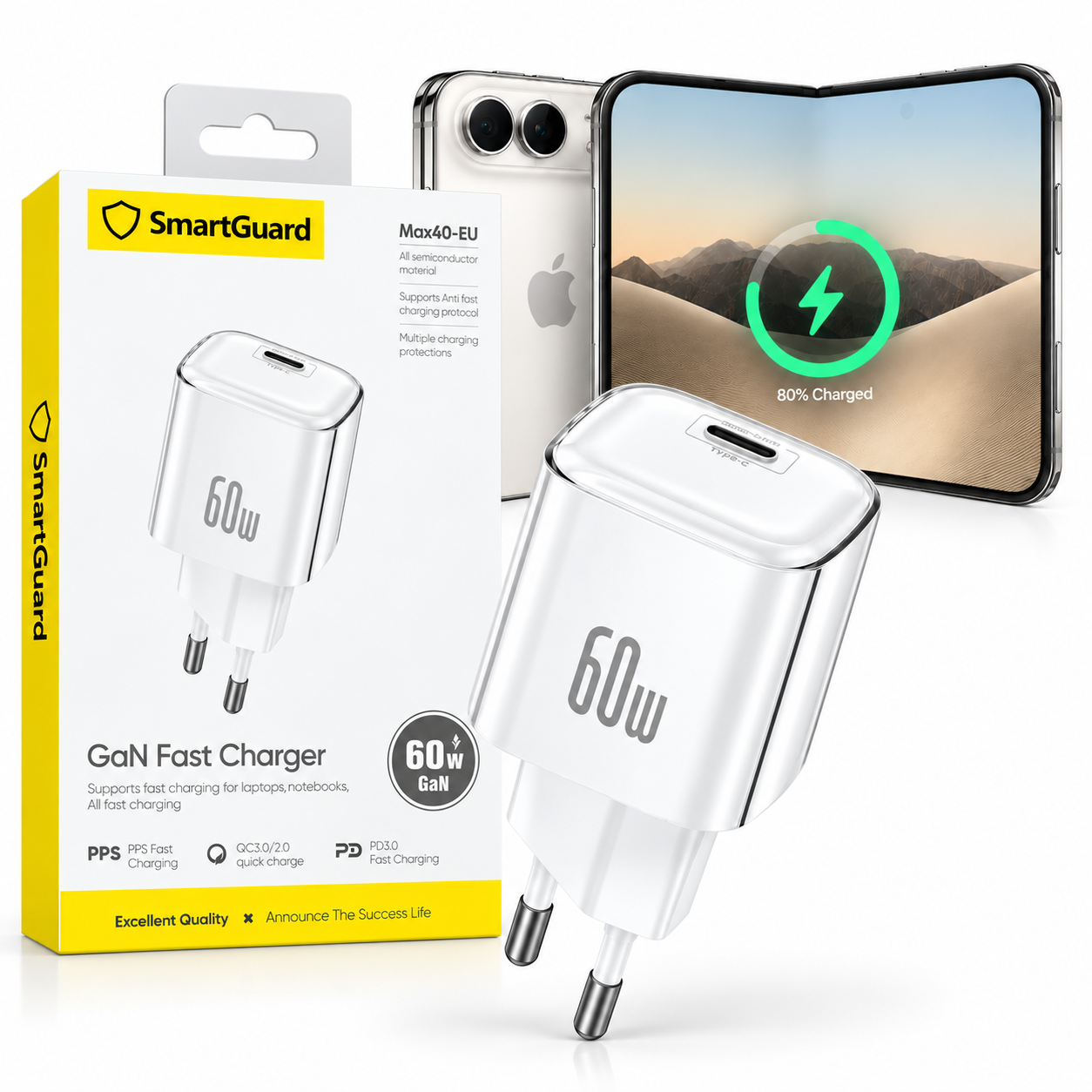 Ładowarka SmartGuard GaN USB-C PD 60 W do iPhone Duo