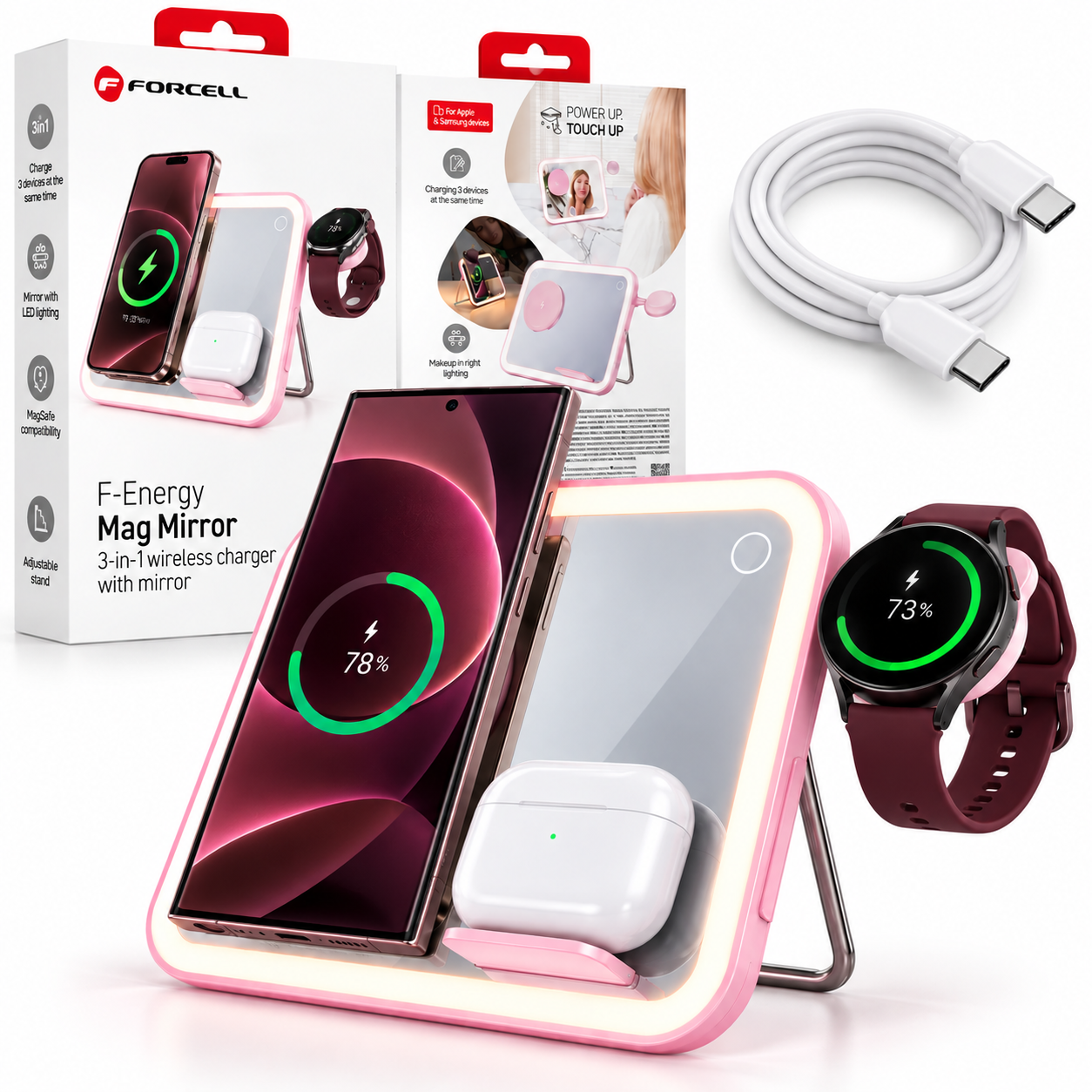 Forcell F-Energy Mag Mirror Ładowarka Indukcyjna 3w1 15W Różowa do Samsung Galaxy / Galaxy Watch