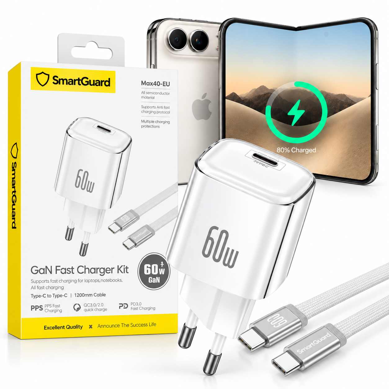 Ładowarka SmartGuard GaN USB-C PD 60 W z kablem USB-C do iPhone Duo